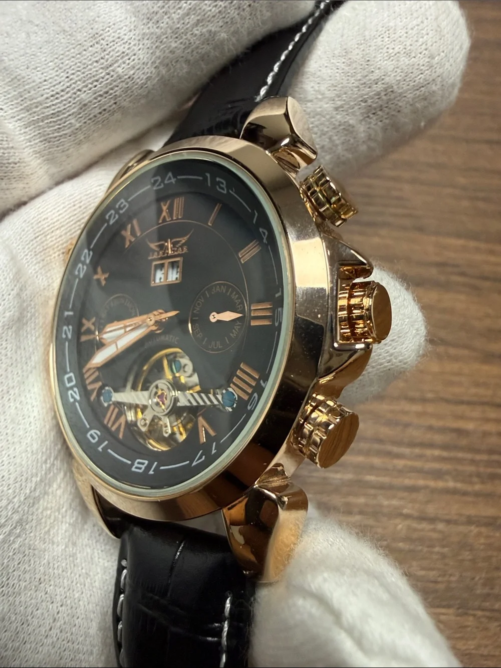 Automatic Black Dial Men’s Watch with Rose Gold Case and Black Leather Strap